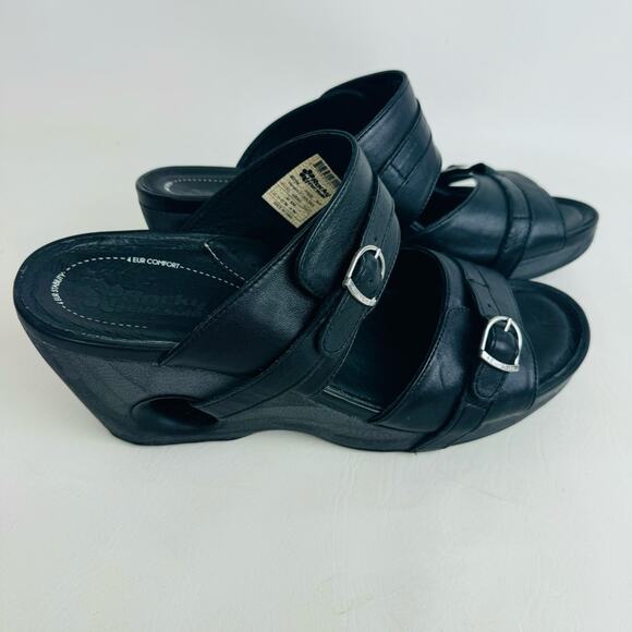 Rocky 4EurSole Sandals Black Leather Splendor Wedge Two Strap Slide Size 11.5 - Picture 5 of 13